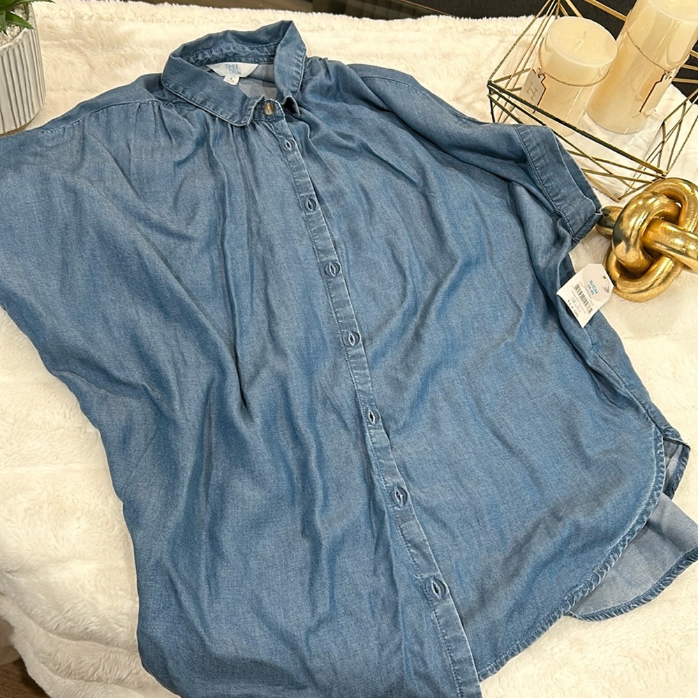 Blue denim look button down blouse